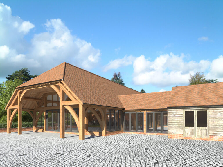 Artist's impression of Spring Barn with wooden beamed frontage and large glass feature windows