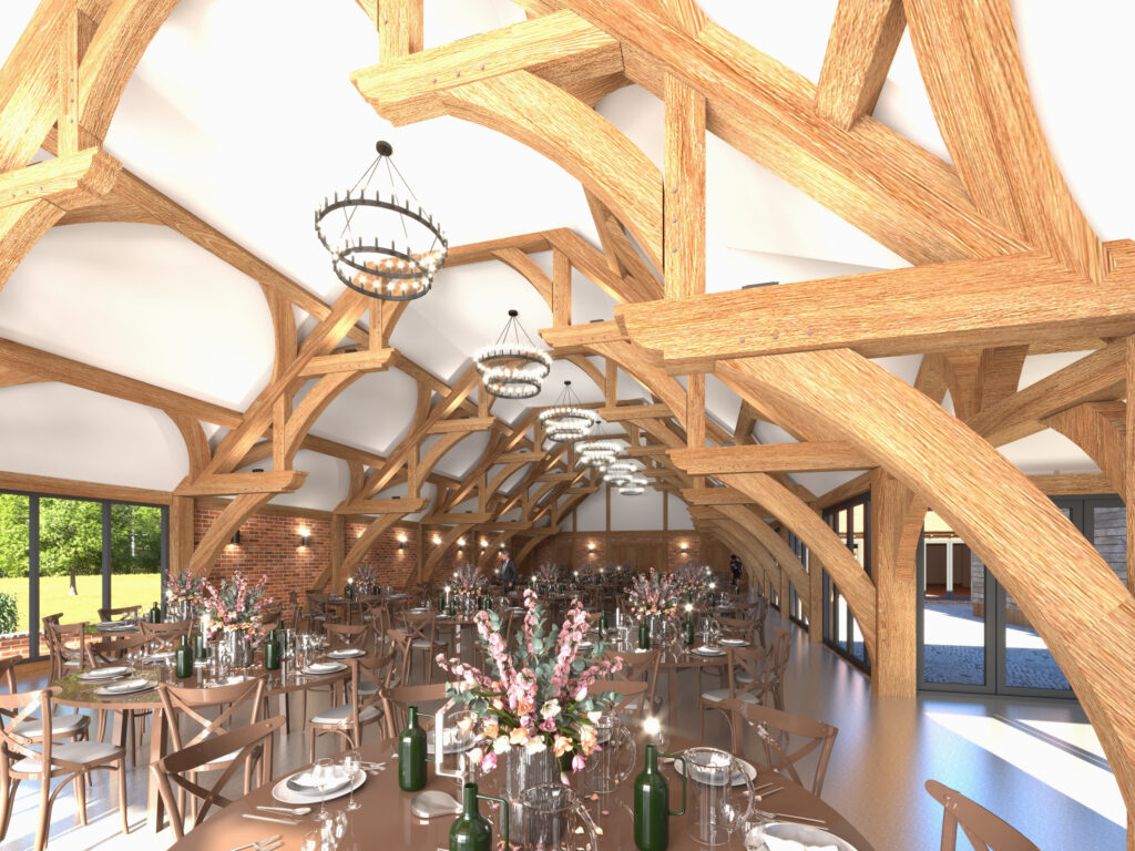 Artist's impression of Spring Barn at The Harty Estate wedding venue with oak beams and chandeliers