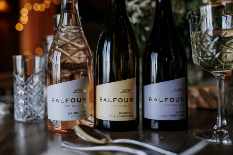 Three bottles of Balfour Kent wine, served at a wedding