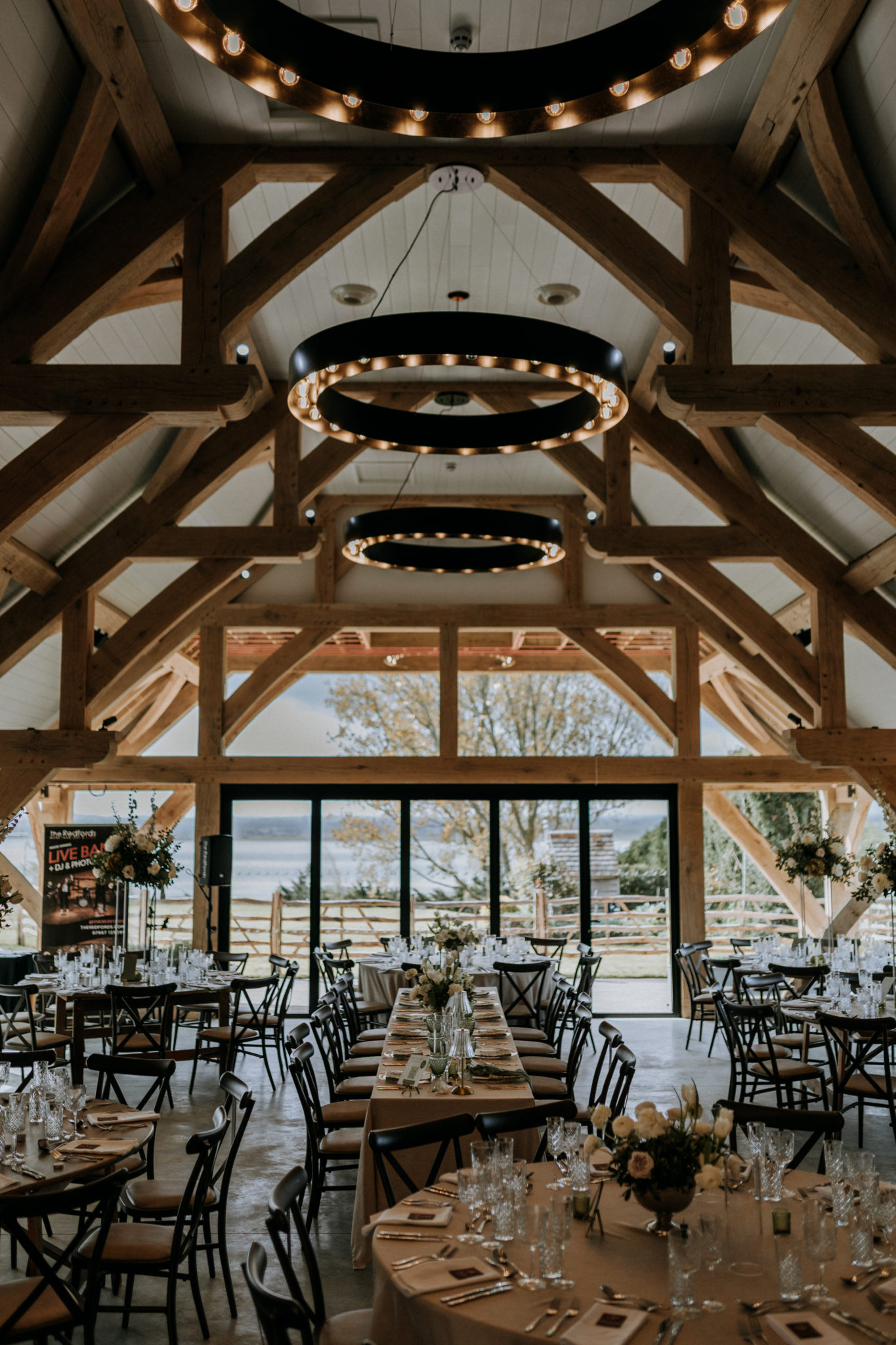 Spring Barn dressed for a wedding breakfast overlooking the Kent estuary