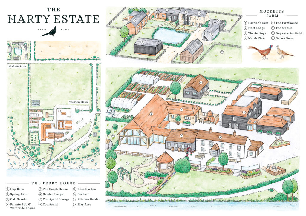 Watercolour map showing The Harty Estate barn wedding venue in Kent